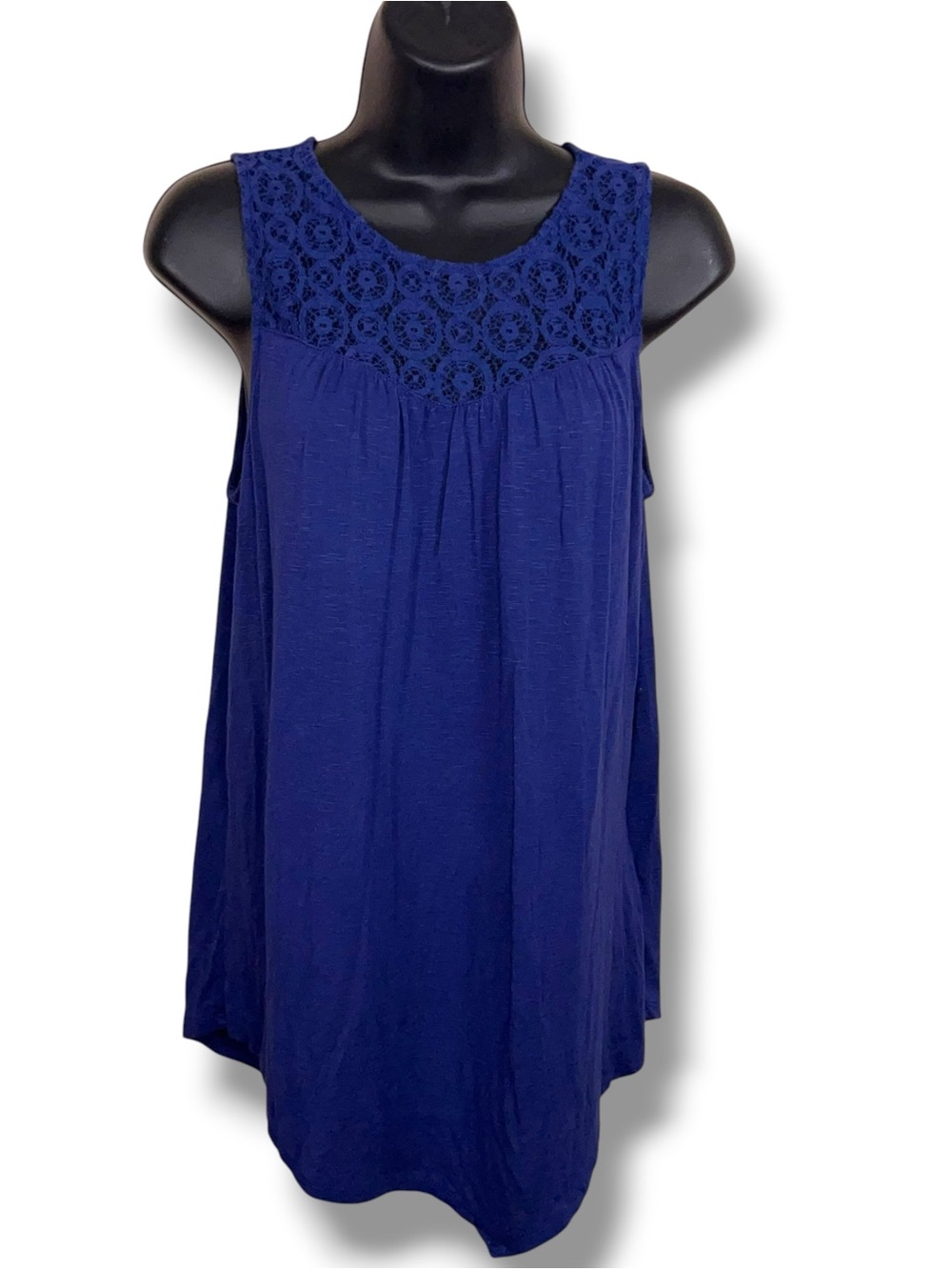 Large Symmetry Blue Sleeveless Top Lace Accent Boho Stretch Lightweight
